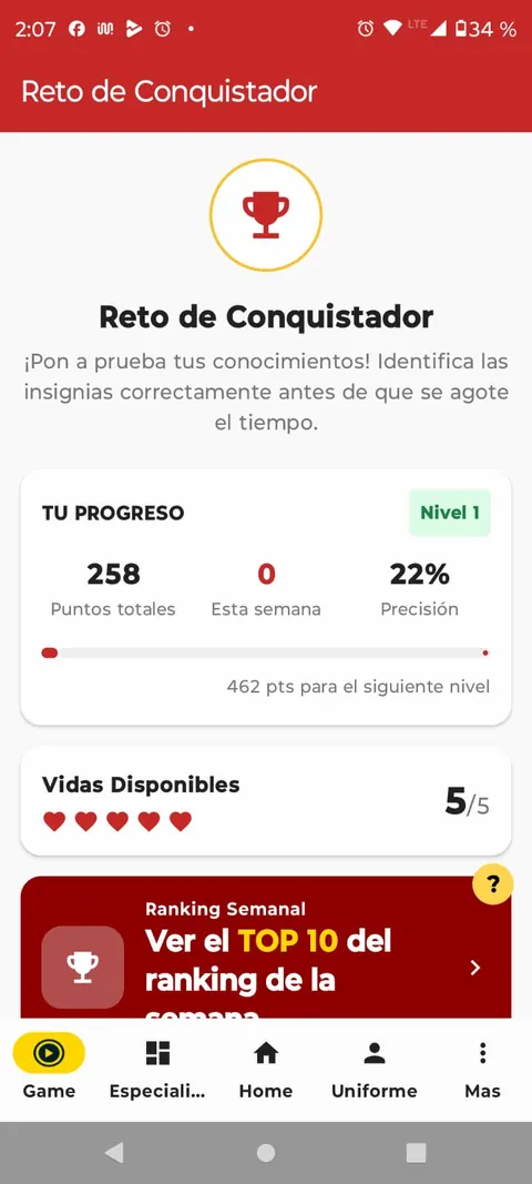 Reto de Conquistador con progreso y vidas