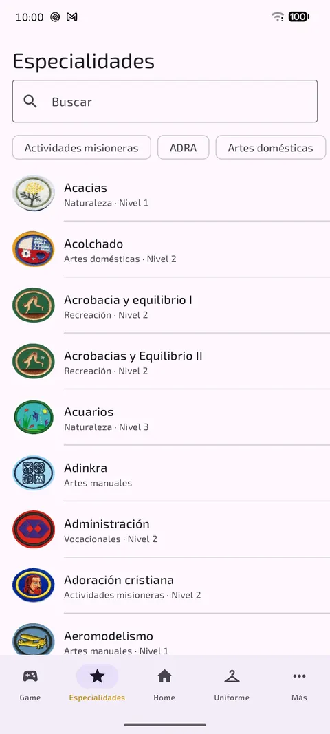 Lista de especialidades con buscador