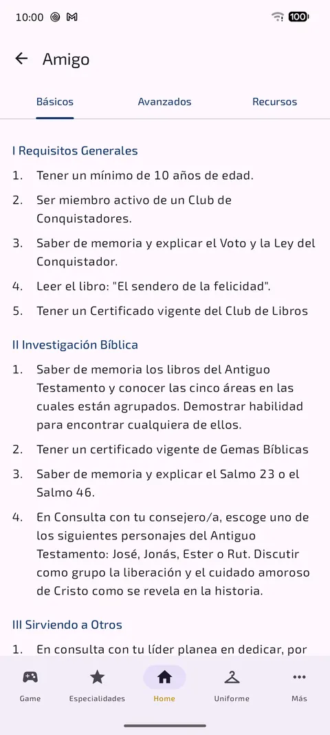 Requisitos de la clase Amigo