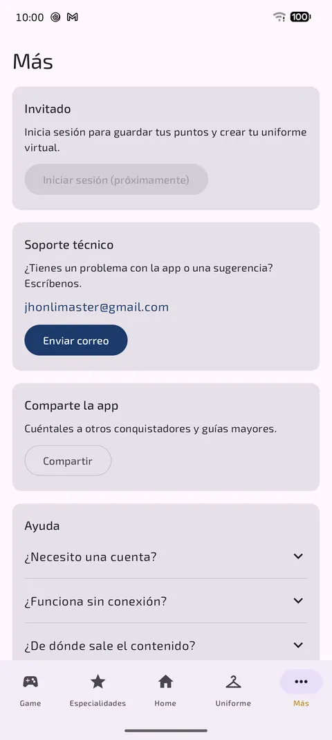 Soporte, ayuda y compartir la app