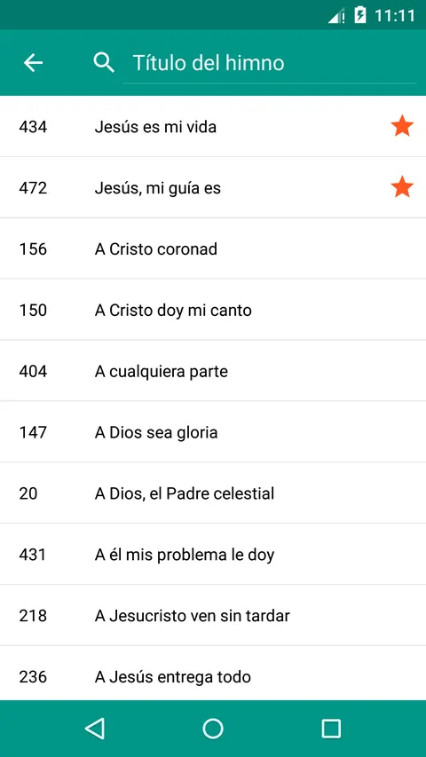 Lista de himnos con favoritos marcados